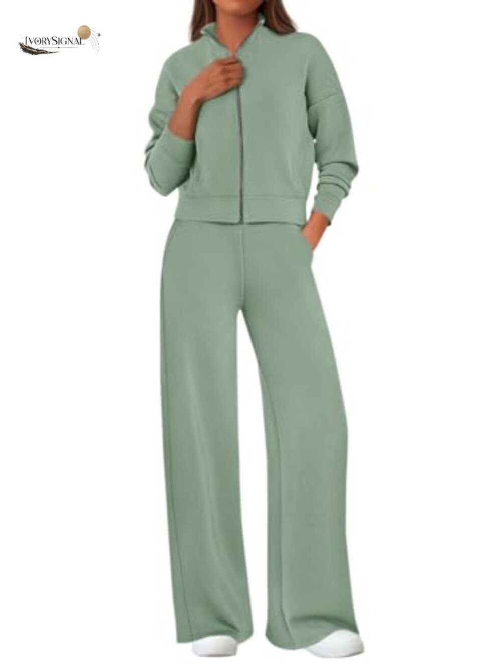 2 Piece Lounge Set Zip Up Sweatshirt Wide Leg Sweatpants Knit Matching Travel
